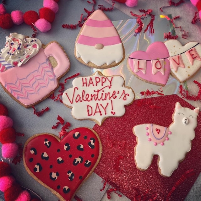 Cute Valentine's day cookie mixed box. Gnome, coffee, hearts, llamas. Hand decorated and delicious cookies for special treats.