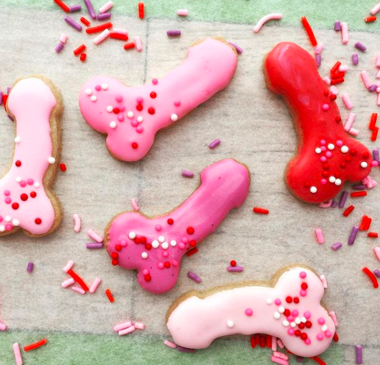 Bag of valentine's themed dick cookies in a cute bag.