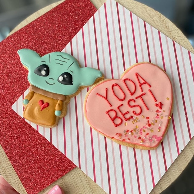 Yoda Best. Baby Yoda and heart cookie pair for Valentine's Day.