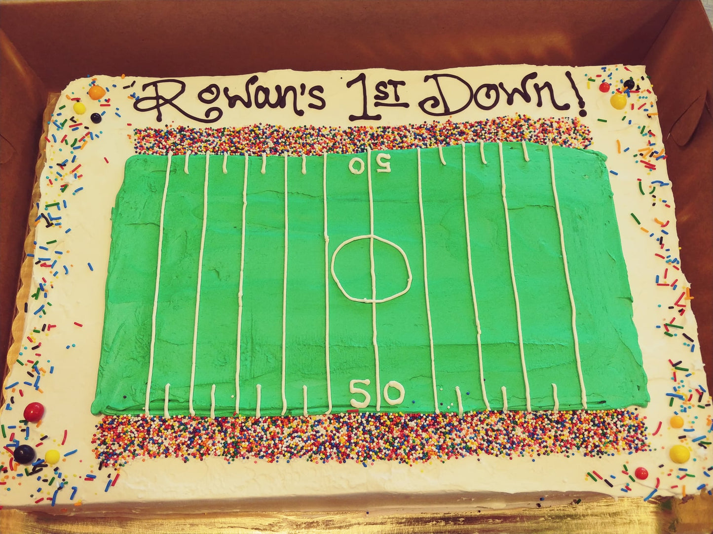 Football themed birthday cake for baby, toddler, child, adult. Sheet cake, delicous.
