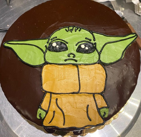 Grogu, Baby Yoda cake with chocolate ganache.